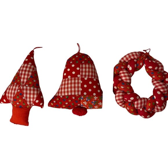 Handcrafted Red Patchwork Christmas Decoration Set Plush Tree Bell Wreath Rustic - Picture 5 of 6